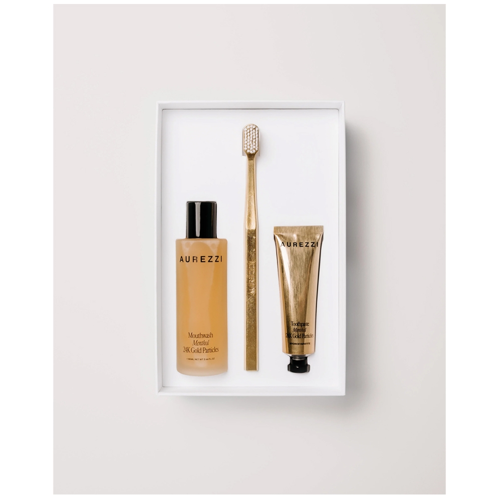 AUREZZI “24K Gold/White Travel Trio” burnos higienos rinkinys. Burnos higiena
