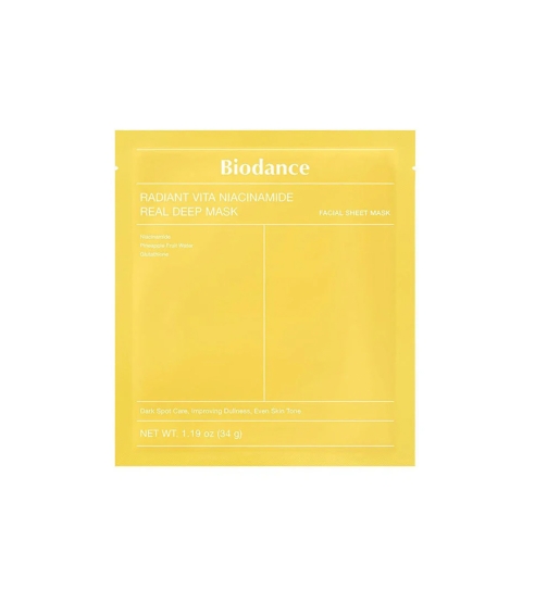 BIODANCE "Radiant Vita Niacinamide Real Deep Mask" veido kaukė su niacinamidu. Lakštinės ir hidrogelio kaukės