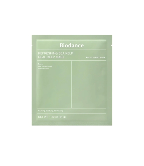 BIODANCE "Refreshing Sea Kelp Real Deep Mask" veido kaukė su jūros dumbliais. Lakštinės ir hidrogelio kaukės