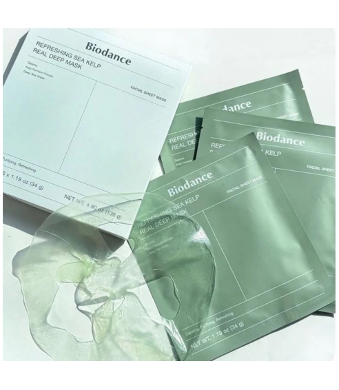 BIODANCE "Refreshing Sea Kelp Real Deep Mask" veido kaukė su jūros dumbliais. Lakštinės ir hidrogelio kaukės