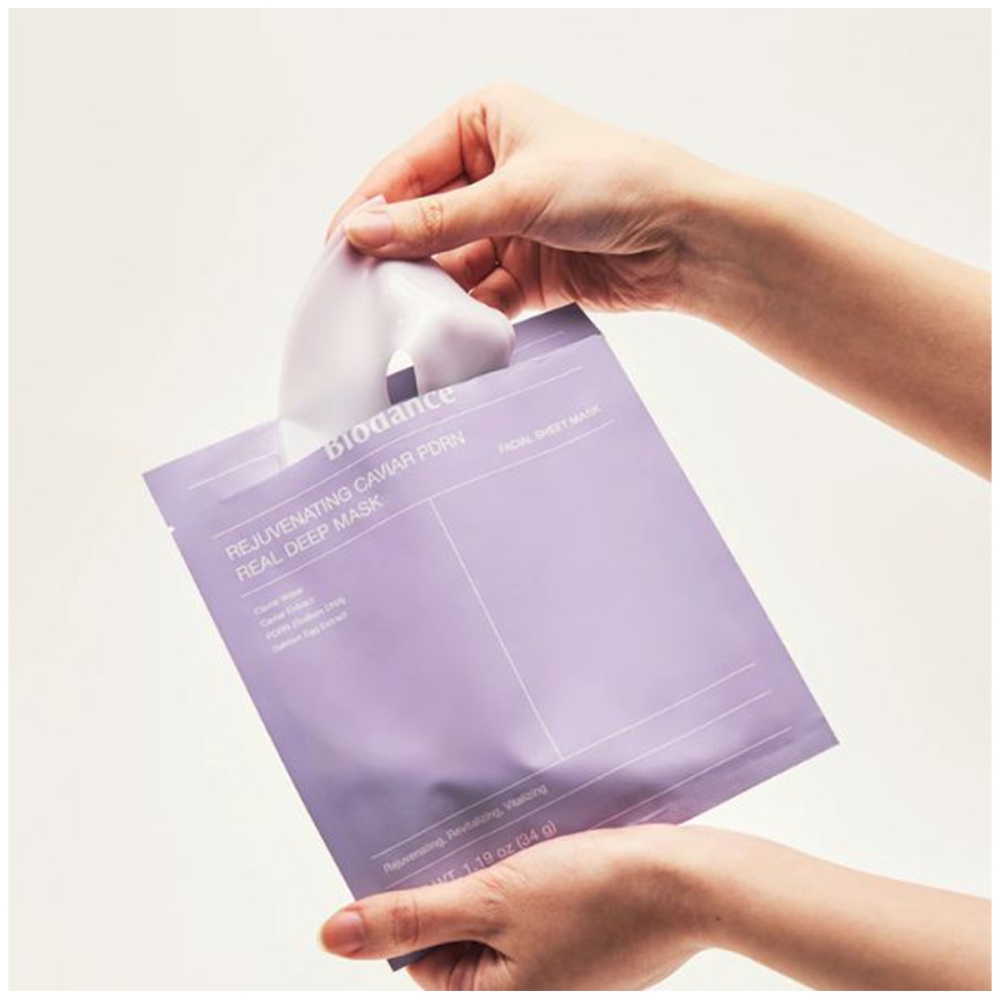BIODANCE BIODANCE "Rejuvenating Caviar PDRN Real Deep Mask" veido kaukė su ikrų ekstraktu ir PDRN. Lakštinės ir hidrogelio kaukės