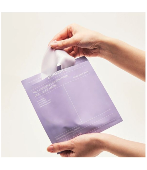 BIODANCE "Rejuvenating Caviar PDRN Real Deep Mask" veido kaukė su ikrų ekstraktu ir PDRN. Lakštinės ir hidrogelio kaukės