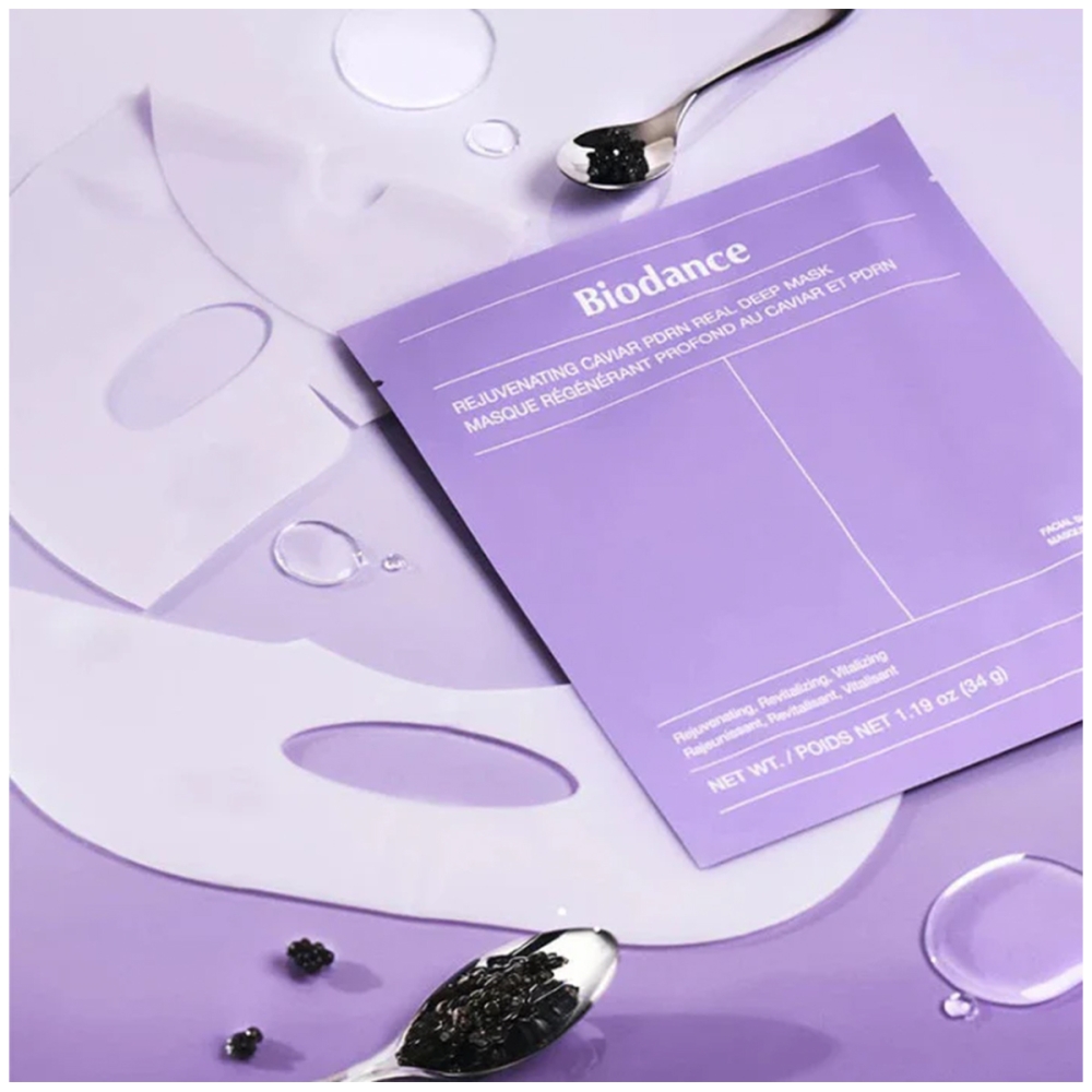 BIODANCE BIODANCE "Rejuvenating Caviar PDRN Real Deep Mask" veido kaukė su ikrų ekstraktu ir PDRN. Lakštinės ir hidrogelio kaukės