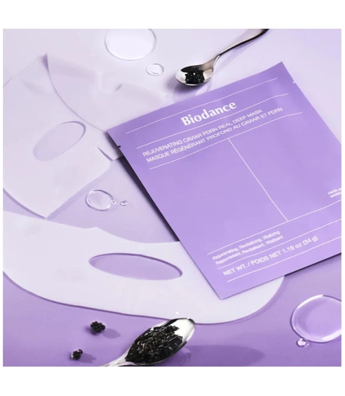 BIODANCE "Rejuvenating Caviar PDRN Real Deep Mask" veido kaukė su ikrų ekstraktu ir PDRN. Lakštinės ir hidrogelio kaukės