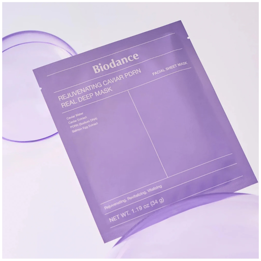 BIODANCE BIODANCE "Rejuvenating Caviar PDRN Real Deep Mask" veido kaukė su ikrų ekstraktu ir PDRN. Lakštinės ir hidrogelio kaukės