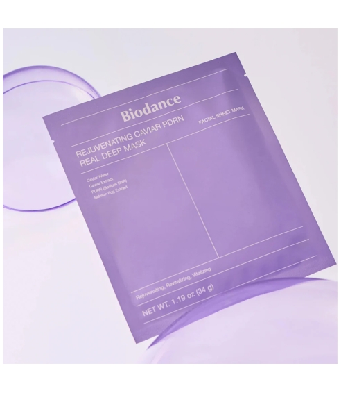 BIODANCE "Rejuvenating Caviar PDRN Real Deep Mask" veido kaukė su ikrų ekstraktu ir PDRN. Lakštinės ir hidrogelio kaukės
