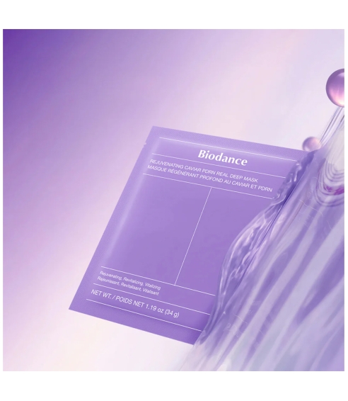 BIODANCE "Rejuvenating Caviar PDRN Real Deep Mask" veido kaukė su ikrų ekstraktu ir PDRN. Lakštinės ir hidrogelio kaukės