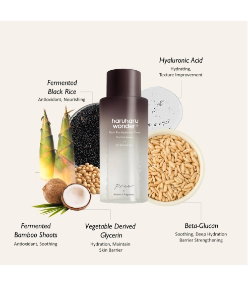 "Black Rice Hyaluronic Toner For Sensitive Skin" veido tonikas (be alkoholio ir kvapiklių). Korėjietiški tonikai ir dulksnos