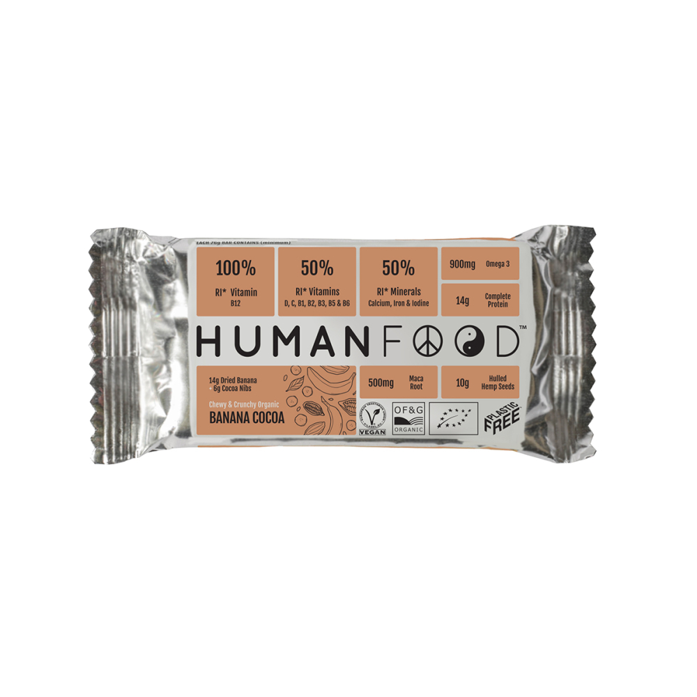 Human Food batonėlis su bananais ir kakava. Batonėliai