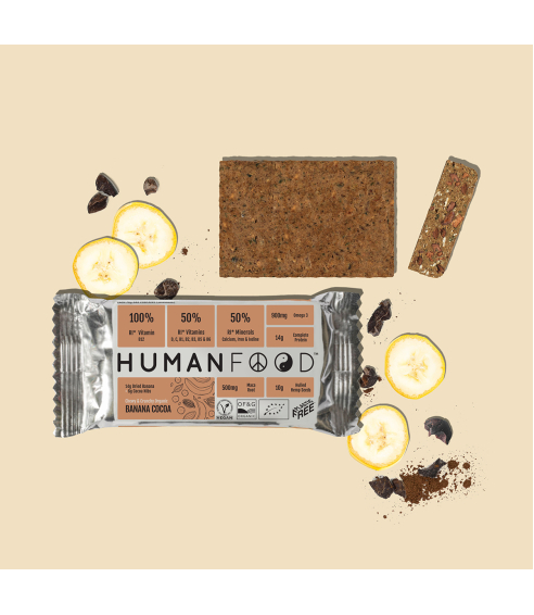 Human Food batonėlis su bananais ir kakava. Batonėliai
