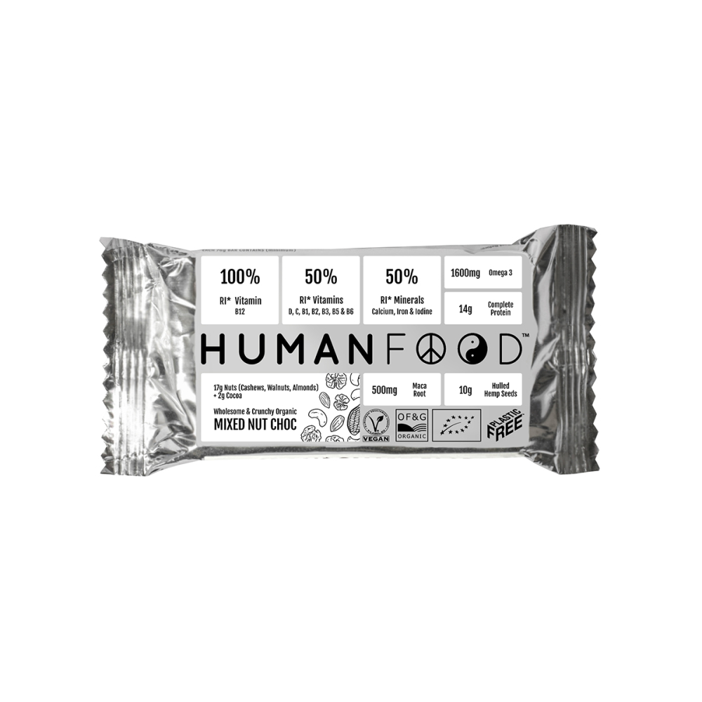 Human Food batonėlis su riešutų miksu ir šokoladu. Batonėliai