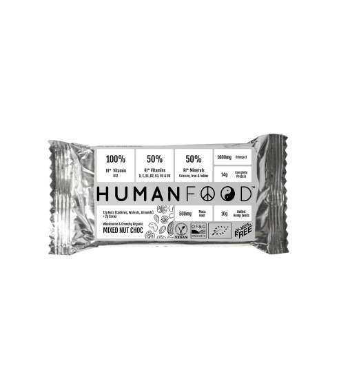 Human Food batonėlis su riešutų miksu ir šokoladu. Batonėliai