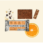 Human Food batonėlis su apelsinais, šokoladu ir anakardžiais. Batonėliai