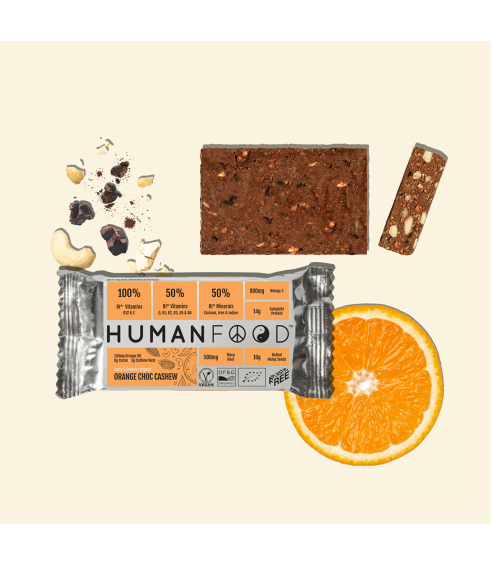 Human Food batonėlis su apelsinais, šokoladu ir anakardžiais. Batonėliai