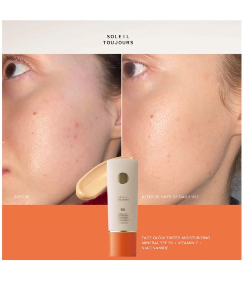 “Face Glow Tinted Moisturizer Mineral SPF 50” su vitaminu C ir niacinamidu. Veido kremai nuo saulės
