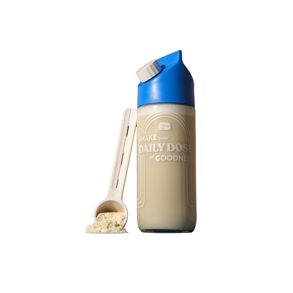 Blue Farm "Forever Bottle" gertuvė-plakiklis su matavimo šaukšteliu. Avižų gėrimo milteliai