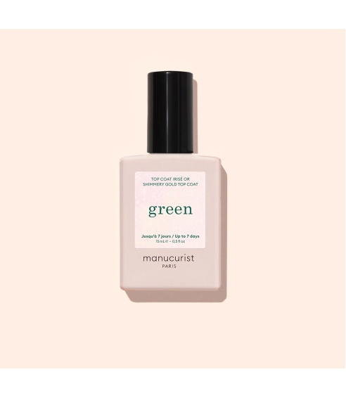 “Green™ Glossy Top Coat” viršutinis nagų lako sluoksnis su aukso spalvos detalėmis. Nagų lako pagrindai ir viršutiniai sluoksniai