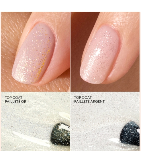 “Green™ Glossy Top Coat” viršutinis nagų lako sluoksnis su sidabro spalvos detalėmis. Nagų lako pagrindai ir viršutiniai sluoksniai