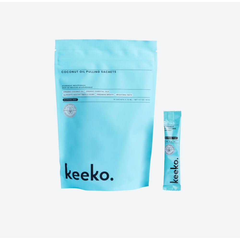 KEEKO “Morning Mint Oil Pulling Mouthwash Sachets“ burnos skalavimo aliejus paketėliuose. Burnos higiena