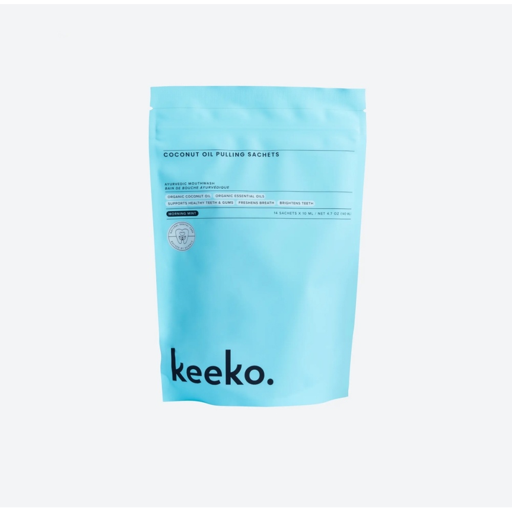KEEKO “Morning Mint Oil Pulling Mouthwash Sachets“ burnos skalavimo aliejus paketėliuose. Burnos higiena
