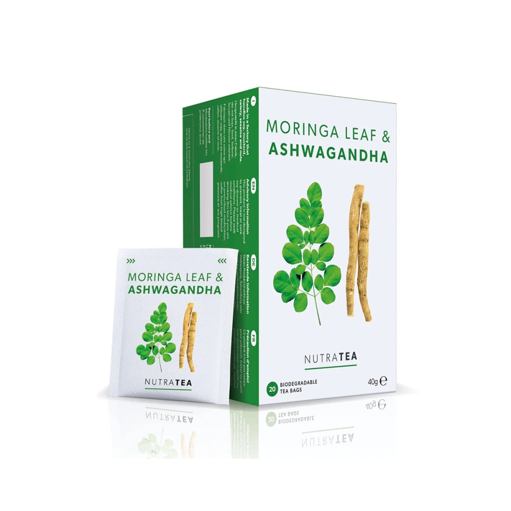 Nutratea "NutraTea Moringa Leaf & Ashwagandha" arbata atsipalaidavimui. Arbata