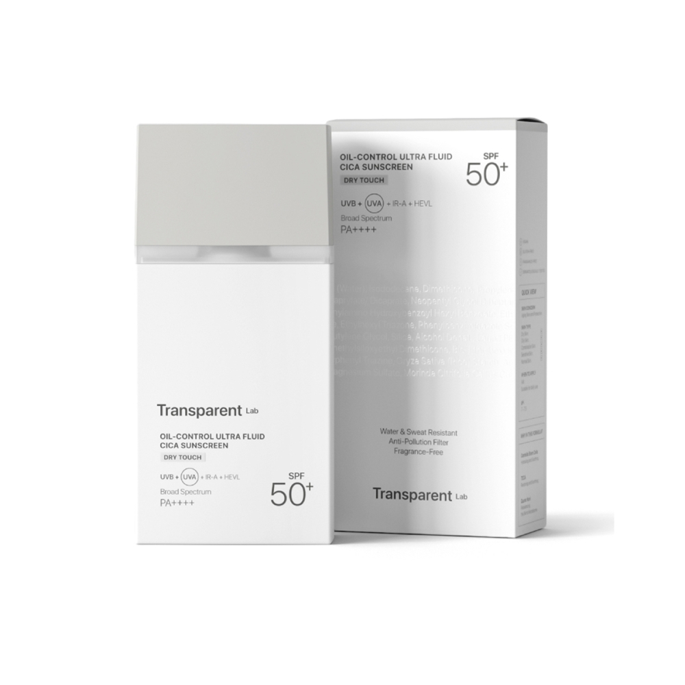 Transparent Lab “Oil Control ultra-fluid Cica Sunscreen” apsauga riebiai veido odai su mineraliniais ir cheminiais filtrais SPF50 . Veido kremai nuo saulės