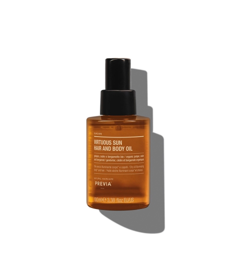 Previa "Virtuous Sun Hair and Body Oil" spindintis sausas kūno ir plaukų aliejus. Kūno aliejai