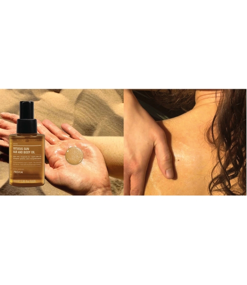 Previa "Virtuous Sun Hair and Body Oil" spindintis sausas kūno ir plaukų aliejus. Kūno aliejai
