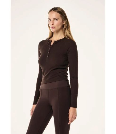 Prive Rib Long Sleeve Tee In Espresso. Tops