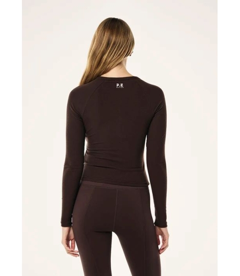Prive Rib Long Sleeve Tee In Espresso. Tops