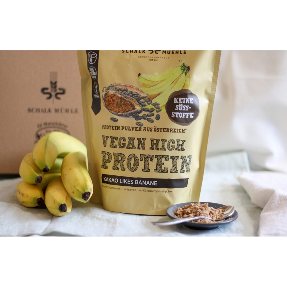 Schalk Muhle „Protein Mix“ augaliniai baltymai (bananų ir kakavos skonio). Baltymų kokteiliai
