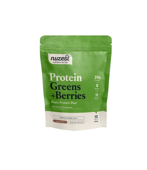 Protein Plus baltymai su žalumynais ir uogomis kakavos skonio. Baltymų kokteiliai