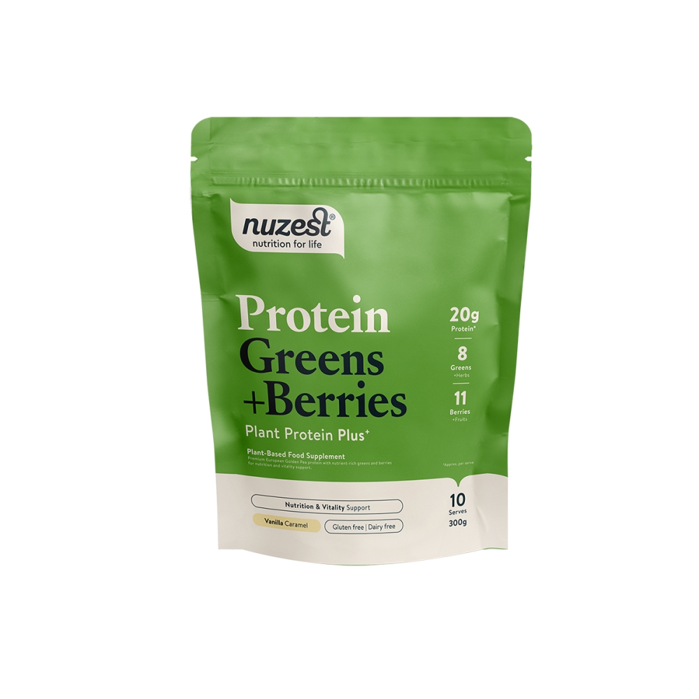 Nuzest Protein Plus baltymai su žalumynais ir uogomis vanilės skonio. Baltymų kokteiliai