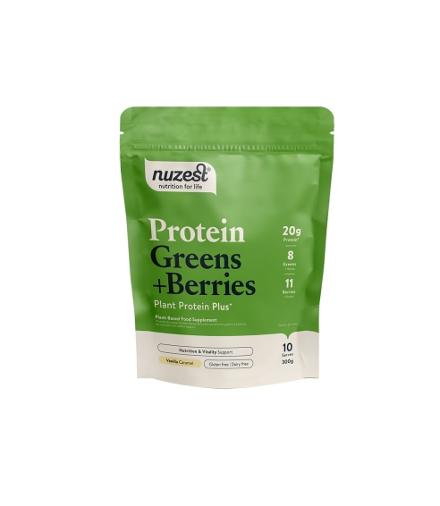 Protein Plus baltymai su žalumynais ir uogomis vanilės skonio. Baltymų kokteiliai