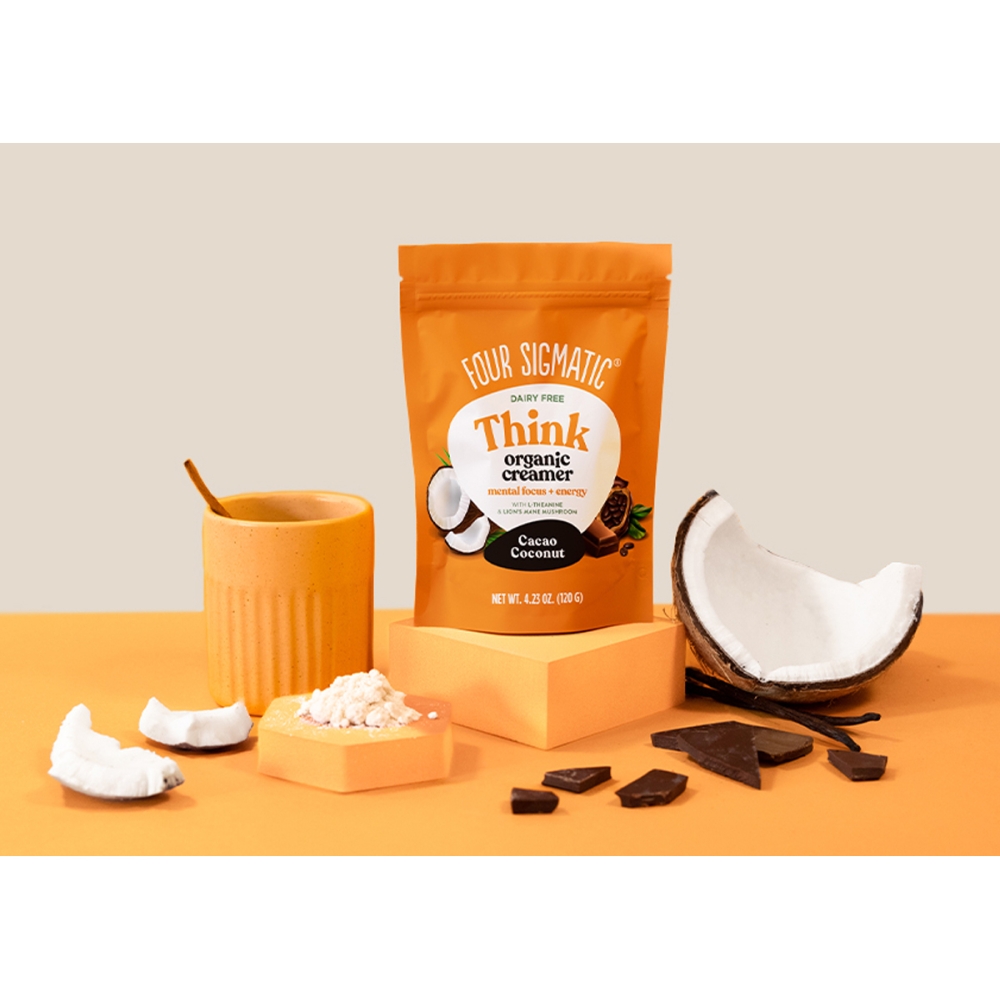 Four Sigmatic “Think Organic Creamer - Cacao Coconut” mišinys su liūto karčiais kavai ir arbatai. Grybų gėrimai