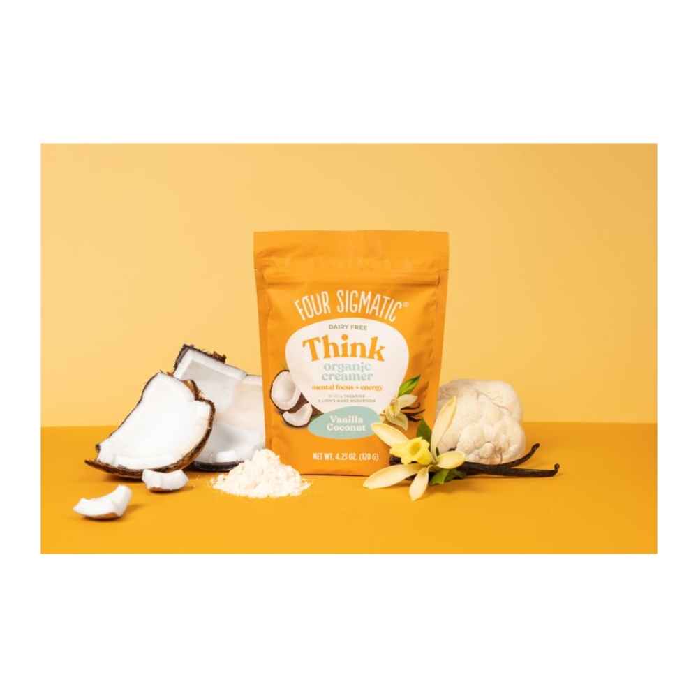 Four Sigmatic “Think Organic Creamer - Vanilla Coconut” mišinys su liūto karčiais kavai ir arbatai. Grybų gėrimai