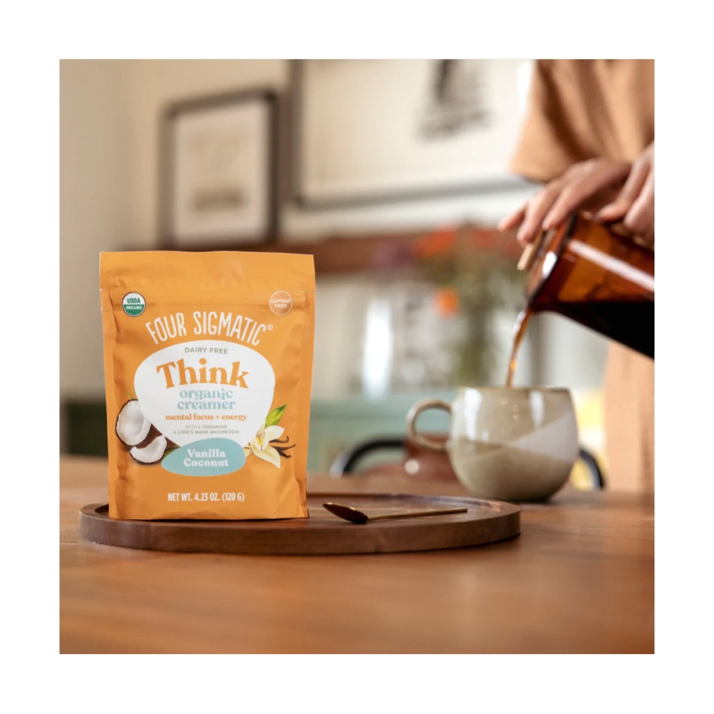 Four Sigmatic “Think Organic Creamer - Vanilla Coconut” mišinys su liūto karčiais kavai ir arbatai. Grybų gėrimai