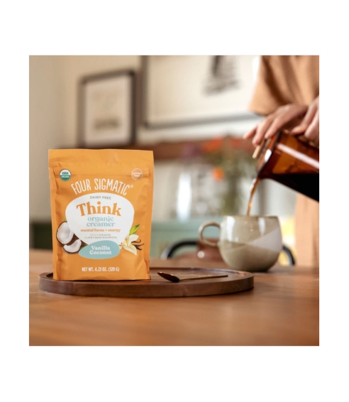 “Think Organic Creamer - Vanilla Coconut” mišinys su liūto karčiais kavai ir arbatai. Grybų gėrimai