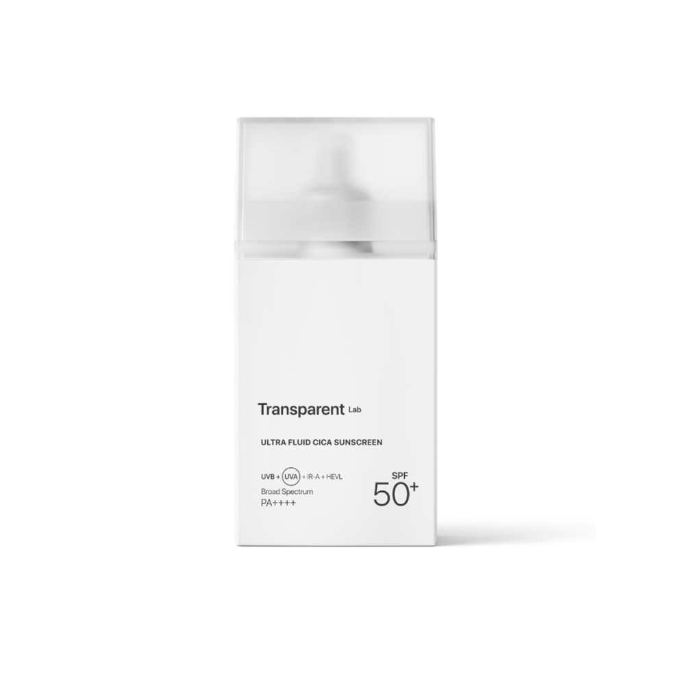 Transparent Lab “Ultra-fluid Cica Sunscreen” apsauga veidui su mineraliniais ir cheminiais filtrais SPF50 . Veido kremai nuo saulės