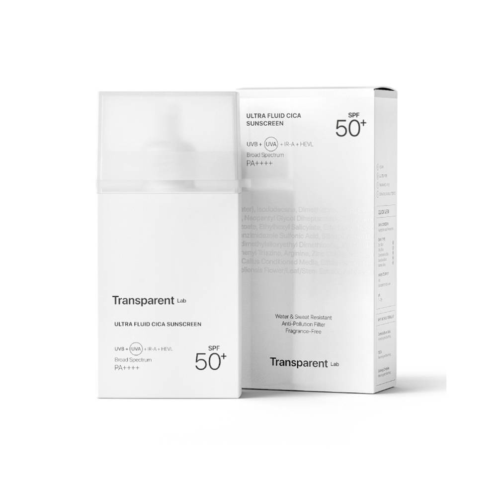Transparent Lab “Ultra-fluid Cica Sunscreen” apsauga veidui su mineraliniais ir cheminiais filtrais SPF50 . Veido kremai nuo saulės